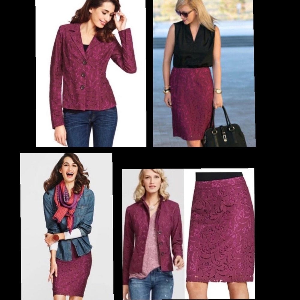 8 women CABI Frolic Plumberry 2 Piece Lace Suit Blazer Jacket Skirt Set